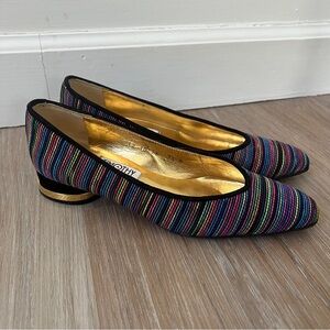 Vintage Timothy Hitsman Rainbow Stitch Square Toe Pumps 7.5N gold heel multi